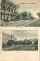 1906 Hajdúböszörmény, Vasútállomás, gőzmozdony, vasutasok, Református gimnázium. Reich Testvérek kiadása (fl)
