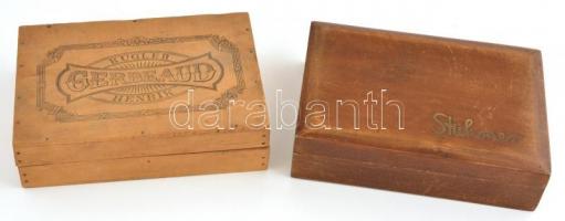 2 db régi fa doboz: Kugler Henrik Gerbaud fa doboz, 19,5x13x5 cm + Stühmer fa doboz, kopásnyomokkal, 19,5×13,5×5 cm