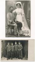 6 db katonai fotólap + 1 fotó + 2 db I. világháborús romokat, tájakat ábrázoló lap + 1 db katonai ké...