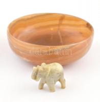 Ásvány tálka + faragott ásvány elefánt, d: 13 cm, 3,5×4,5 cm