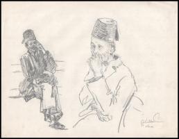 Olvashatatlan jelzéssel (...alex ?): Muszlim (török?) alakok. Ceruza, papír, lap alján apró szakadással, 29×37,5 cm