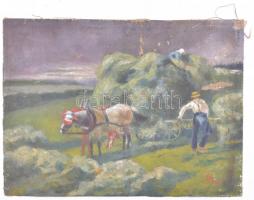 Olvashatatlan jelzéssel: Betakarítás. Olaj, vászon, sérült, 19,5×26,5 cm