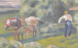 Olvashatatlan jelzéssel: Betakarítás. Olaj, vászon, sérült, 19,5×26,5 cm