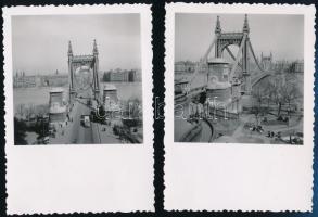 cca 1935-1940 Budapest, régi Erzsébet híd villamossal, 2 db fotó, 8,5×6,5 cm