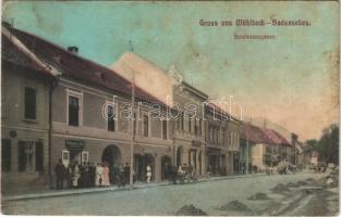 Szászsebes, Mühlbach, Sebesul Sasesc, Sebes; Siculorumgasse / utca, Wachsmann & Dück, Lannert üzlete, gyógyszertár. Johann Rilki kiadása / street view, shops, pharmacy (fl)