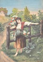 Galgóczi Ferenc jelzéssel: Lány virágokkal. Akvarell, papír, sérült. 43×30 cm