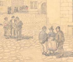 Olvashatatlan jelzéssel: Kisváros tere. Ceruza, papír, sérült. 41,5×58 cm