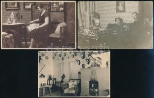 1910-1928 Régi lakásbelsők, 3 db megírt fotólap, 9×14 cm