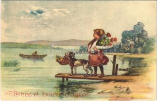 Bonne et heureuse Année / New Year greetings, Girl with dog, boat, bouquet
