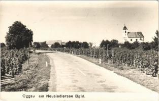 1958 Oka, Oggau am Neusiedler See; látkép, út, templom. Karl Allmann kiadása/ general view, road, church (EK)