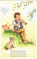 Jésus est le meilleur Maitre, Sa main bénit les enfants / boy with dog and trumpet, litho
