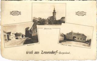 Zemenye, Zemenye-Selegd, Zemendorf-Stöttera; Hauptstrasse, Pfarrkirche, Wagrandl Mühle / Fő utca, templom, malom / main street, church, mill. photo (EM)