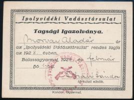 1928 Ipolyvidéki Vadásztársulat tagsági igazolványa