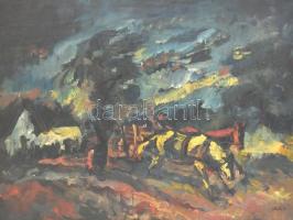 Holló László (1887-1976): Lovasszekér a viharban. Olaj, vászon, jelzett. Fa keretben, 60x80 cm / Holló László (1887-1976): Wagon in the storm. Oil on canvas, signed. Framed, 60x80 cm