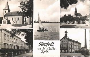 Lajtaújfalu, Neufeld an der Leitha; Fő utca, templom, iskola, Kender, juta és textilgyár / main street, church, school, hemp factory