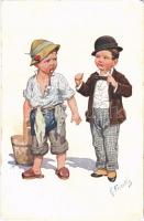 1918 Children humour art postcard, smoking. B.K.W.I. 781-4. s: K. Feiertag (r)