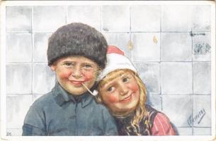 1917 Children couple art postcard, smoking. B.K.W.I. 686-4. s: K. Feiertag (EK)
