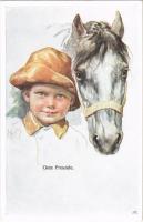 Gute Freunde / Children art postcard, horse. B.K.W.I. 881-6. s: K. Feiertag