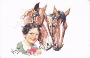 Children art postcard, horses. B.K.W.I. 192-2. s: K. Feiertag