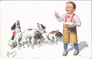 1917 Children art postcard, boy with choir dogs. B.K.W.I. 191-4. s: K. Feiertag (EK)