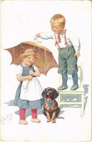 1912 Children humour art postcard, romantic couple with dog. B.K.W.I. 454-1. s: K. Feiertag (EK)
