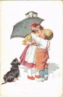 Children humour art postcard, romantic couple with dog and cat. B.K.W.I. 454-5. s: K. Feiertag (EB)