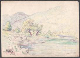 Jelzés nélkül: Visóvölgy, 1941 (Máramaros megye). Színes ceruza, papír. Lap sarkaiban kissé sérült, tetején néhány apró folttal. 21,5x29,5 cm