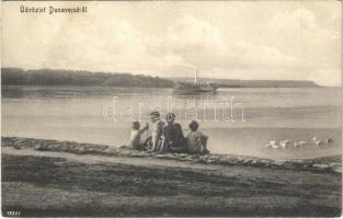 1928 Dunavecse, Duna-part, gőzhajó. Takács Testvérek kiadása (fl)