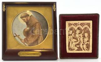 Mária a kisdeddel és Szent Ferenc. Műgyanta kisplasztika réz keretben 7x9 cm