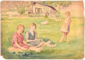 Jelzés nélkül: Lányok az udvaron. Akvarell, papír, sérült, 29,5x42 cm