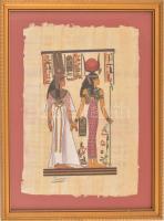 Díszes üvegezett fa képkeretben , Modern egyiptomi szuvenír papiruszkép, kézzel festett, olvashatatlan jelzéssel, 34×24,5 cm. kerete belső méret: 40,5x31,5 cm