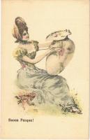Buona Pasqua! / Lady art postcard with Easter greeting. B.K.W.I. 4016/4. litho