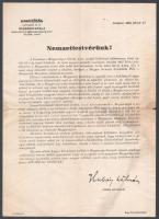 1939 A Magyarság folyóirat nyomtatványa az olvasóhoz, Nemzettestvérünk megszólítással, hogy a betiltást követő újraindulást követően is támogassák a lapot, rajta Hubay Kálmán (1902-1946) újságíró, nyilaskeresztes politikus nyomtatott aláírásával, fejléces papíron.