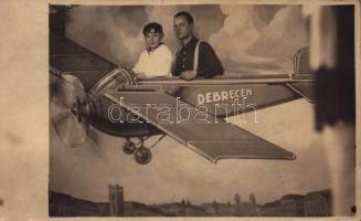 1935 Debrecen, Humoros műtermi fotólap repülőgéppel. photo (fl)