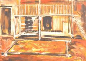 Perlmutter jelzéssel: Ház. Olaj, karton, fa keretben. 45,5x64,5 cm