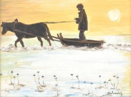 Medveczky jelzéssel: Téli szán. Olaj, karton, fa keretben. 30x40 cm