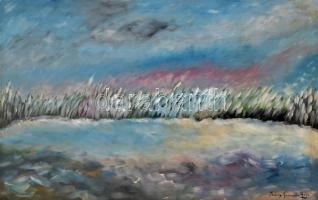 Iványi Grünwald Béla jelzéssel: Táj. Olaj, farost. Kopott fa keretben. 49,5x59,5 cm