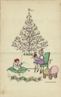 Girl with toys and Christmas tree. Christmas art postcard. W. & S. Succ. V. A. s: Mela Koehler (fa)