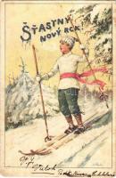 Stastny Novy Rok! / winter sport art postcard with New Year greeting, ski s: K. Stapfer (fl)