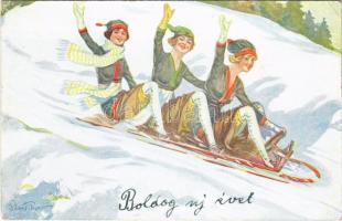 Bobsleigh, sledding ladies, winter sport art postcard. W.S.S.B. 6540. s: Plantikow (EK)