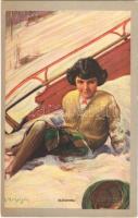 Sleighing, bobsleigh, lady in the snow, winter sport art postcard. K. Co. Inc. N.Y. 163. artist signed