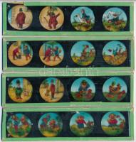 Laterna magica üveg lapok, 12 db, némelyik sérült (karcolás, egyik széle letört), 17×4,5 cm