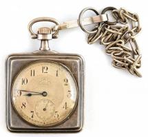 Ezüst (Ag) Omega zsebóra négyszögletes, illusztrált tokkal. Jelzett, működő állapotban, fém óralánccal / Silver Omega pocket watch with metal chain. 4,7x4,7 cm