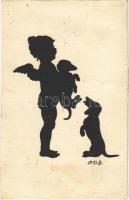 1921 Dachshund dogs with angel, silhouette art postcard. K.V.B. 3377. artist signed (EK)