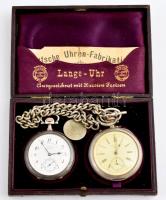 Ezüst (Ag) Lange & Söhne Glashütte zsebóra készlet két darabos. Eredeti gyári dobozban, leírással. Jelzettek, működő, de tisztításra szoruló állapotban. d:48mm, 53mm / Silver Glashütte pocket watches in original case