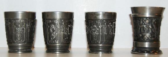 4 db szép domborműves alpakka pálinkáspohár vadász motívumokkal (pecsétes, sorszámos)