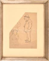 Szikszay jelzéssel (Szikszay Ferenc?), 1900 körül: Az akt és a nyárspolgár. Tus, papír. Sérült, vágott. Üvegezett fa keretben. 30x22 cm