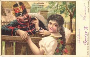 1899 Liebesantrag / Le Flirt / Incselkedés / Austro-Hungarian K.u.K. military art postcard, soldier flirting, romantic couple. Kosmos litho (EK)