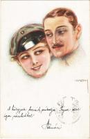 1916 Couple art postcard, Lady in German soldier hat, PFB No. 3964/2, s: Usabal (EK)