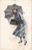 Lady with umbrella art postcard. ERKAL Nr. 316/2. s: Usabal (small tear)